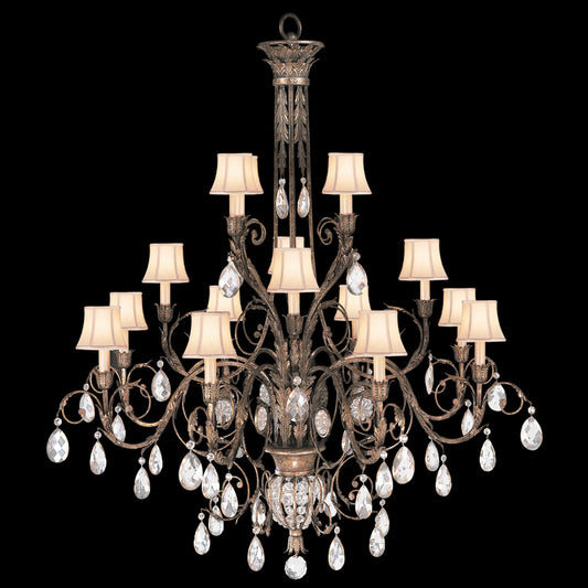 A Midsummer Nights Dream Chandelier Round, 16-Light, Gold, Hand-Sewn Silk Shantung Shade, 57"W