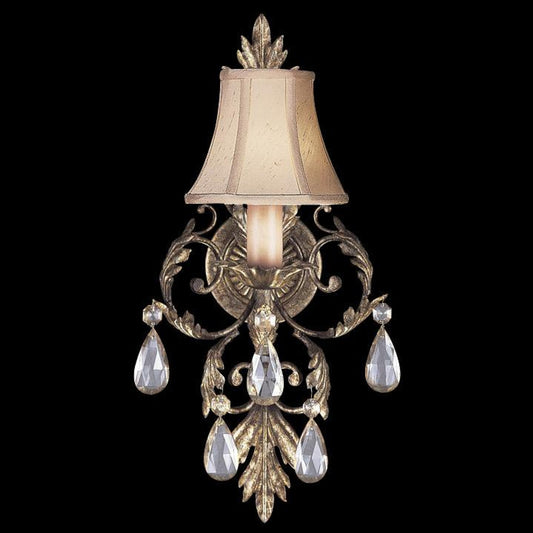 Midsummer Night's Dream Wall Sconce, 1-Light, Gold, Moonlit Patina, Crystal Pendants, Silk Shantung Shade, 20"H.