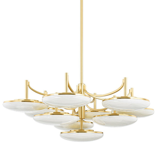 Bregman Pendant, 10-Light, LED, Aged Brass, Cloud Glass Etched Inside Shade, 44"W (2006-AGB ACHZR)