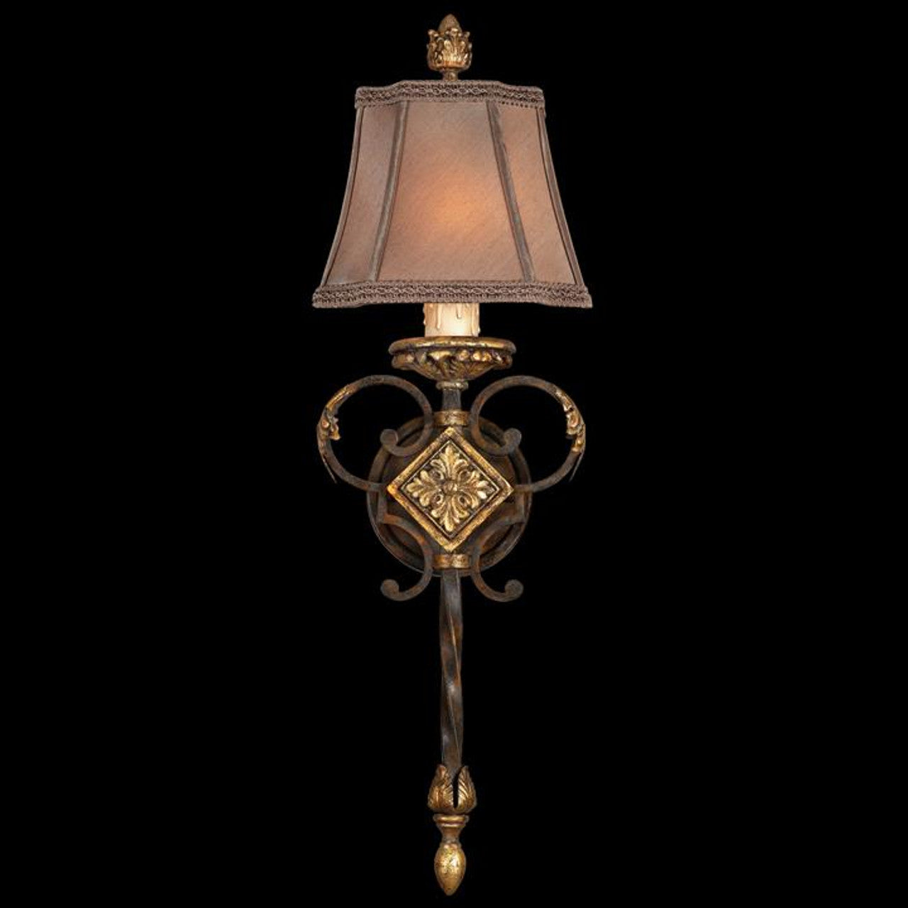 Castile Wall Sconce, 1-Light, Antiqued Iron, Gold Leaf, Hand-Sewn Shade with Braided Trim, 25"H (234450ST 66RE)