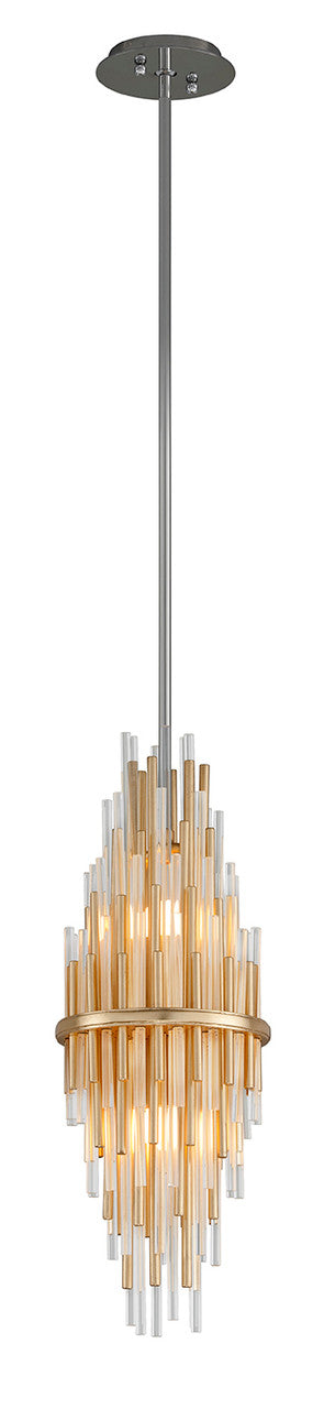 Theory Mini Pendant, 2-Light, LED, Gold Leaf With Polished Stainless Steel, Clear Glass Rods, 8"W (238-41 8ZJP)