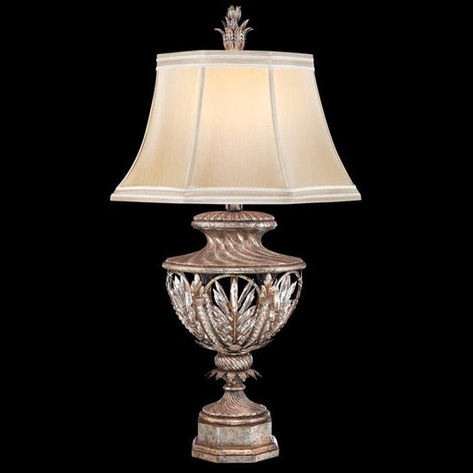 Winter Palace Table Lamp, 1-Light, Antique Silver, Icicle Lead Crystals, Hand-Sewn Silk Shade, 37"H (301810ST KHA1)