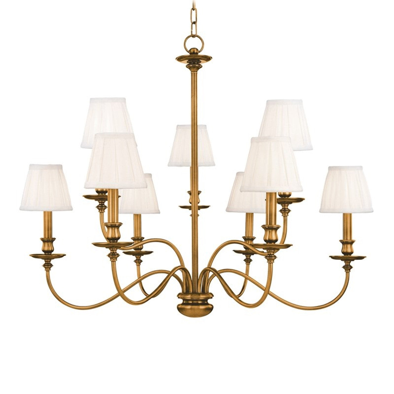 Menlo Park Chandelier, 9-Light, Aged Brass, Off White Shade, 33.5"W (4039-AGB M6ZZ)