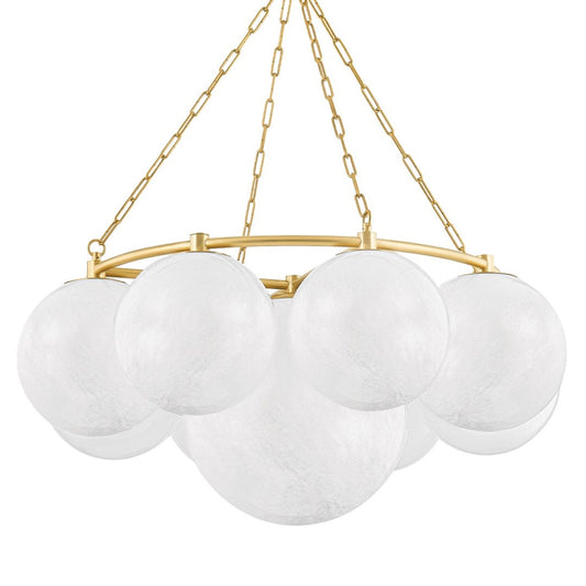 Thornwood Chandelier, 9-Light, Aged Brass, Cloud Glass Etched Iniside Shade, 43.25"W (5243-AGB ACJWT)