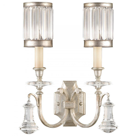 Eaton Place Wall Sconce, 2-Light, Silver Leaf, Faceted Channel-Set Crystal Shades, 19"H (583050-2ST D84D)