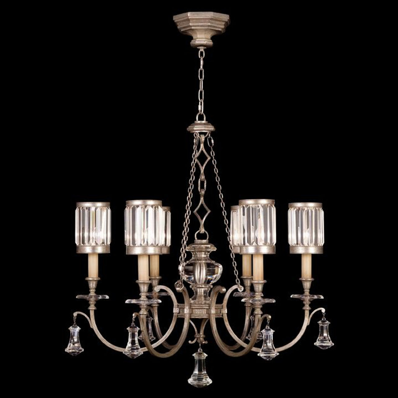 Eaton Place Chandelier, Round, 6-Light, Silver Leaf, Faceted Channel-Set Crystal Shades, 32"W (584240-2ST D84L)