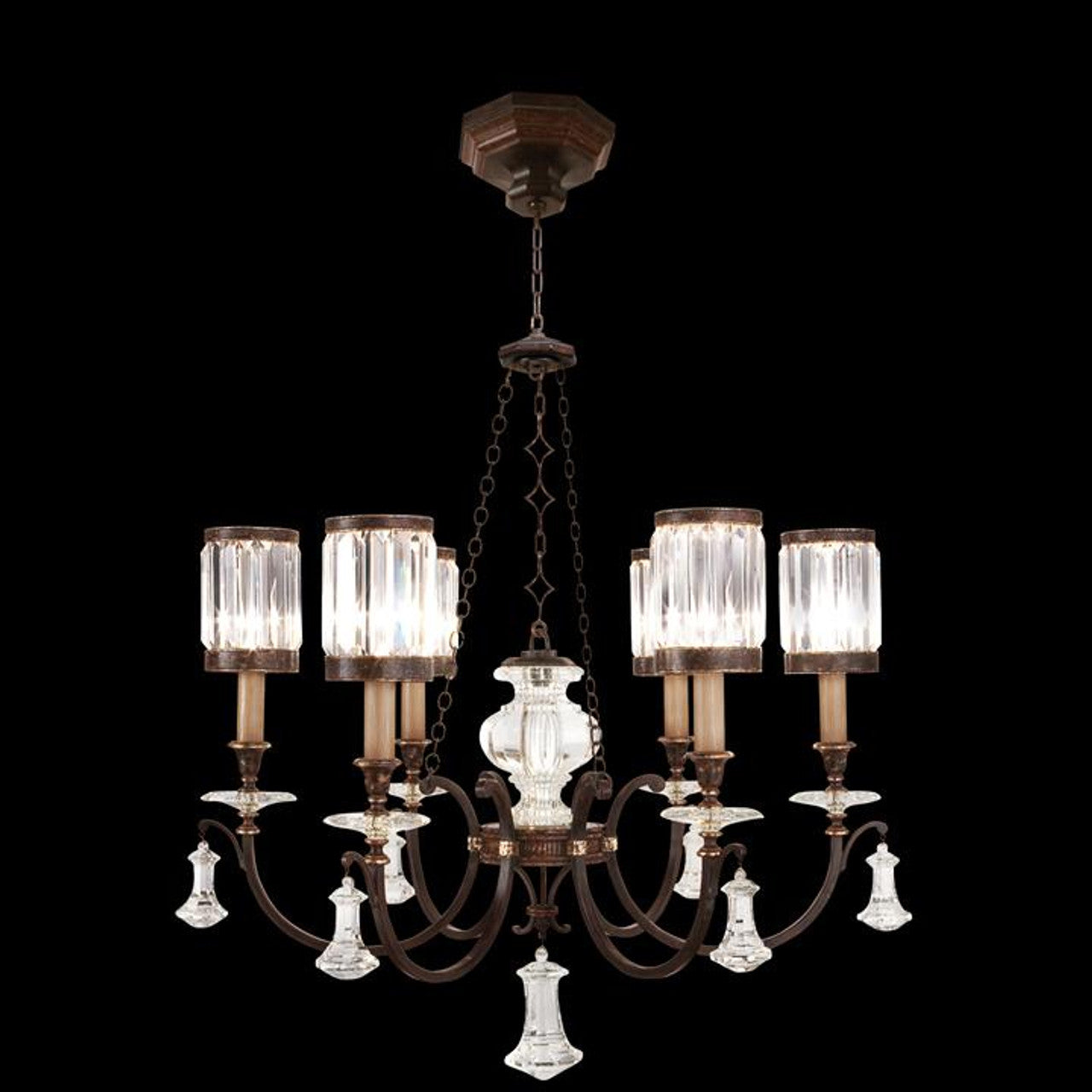 Eaton Place Chandelier, Round, 6-Light, Rustic Iron, Garnet Undertones, Faceted Channel-Set Crystal Shades, 32"W (584240ST 6DM4)