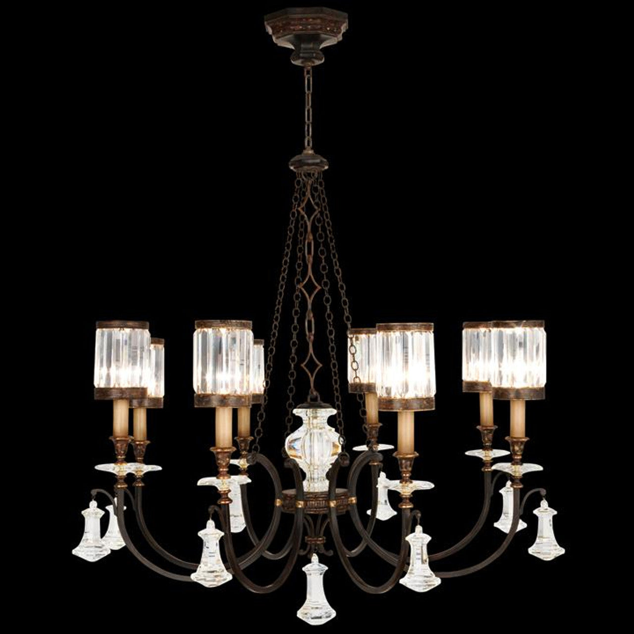 Eaton Place Chandelier, Round, 8-Light, Rustic Iron, Garnet Undertones, Faceted Channel-Set Crystal Shades, 43"W (585240ST 6DM9)