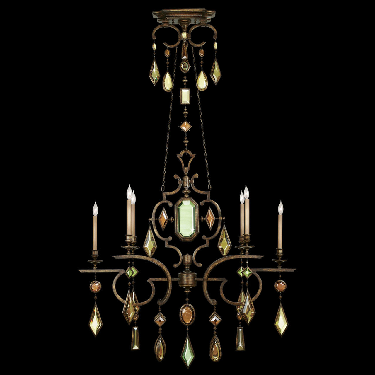 Encased Gems Chandelier, Oblong, 6-Light, Bronze Patina, Multi-Colored Crystal Gems, 50"W (708940-1ST 96FJ)