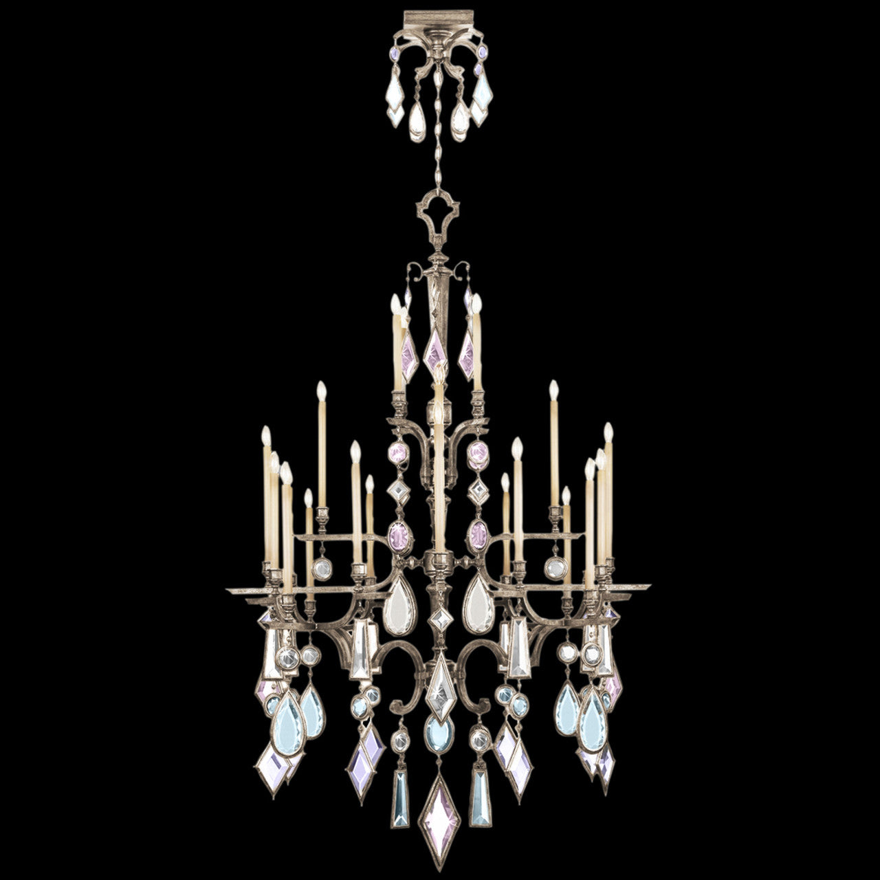 Encased Gems Chandelier, Round, 24-Light, Silver Leaf, Multi-Colored Crystal Gems, 53"W (714040-1ST 96HP)