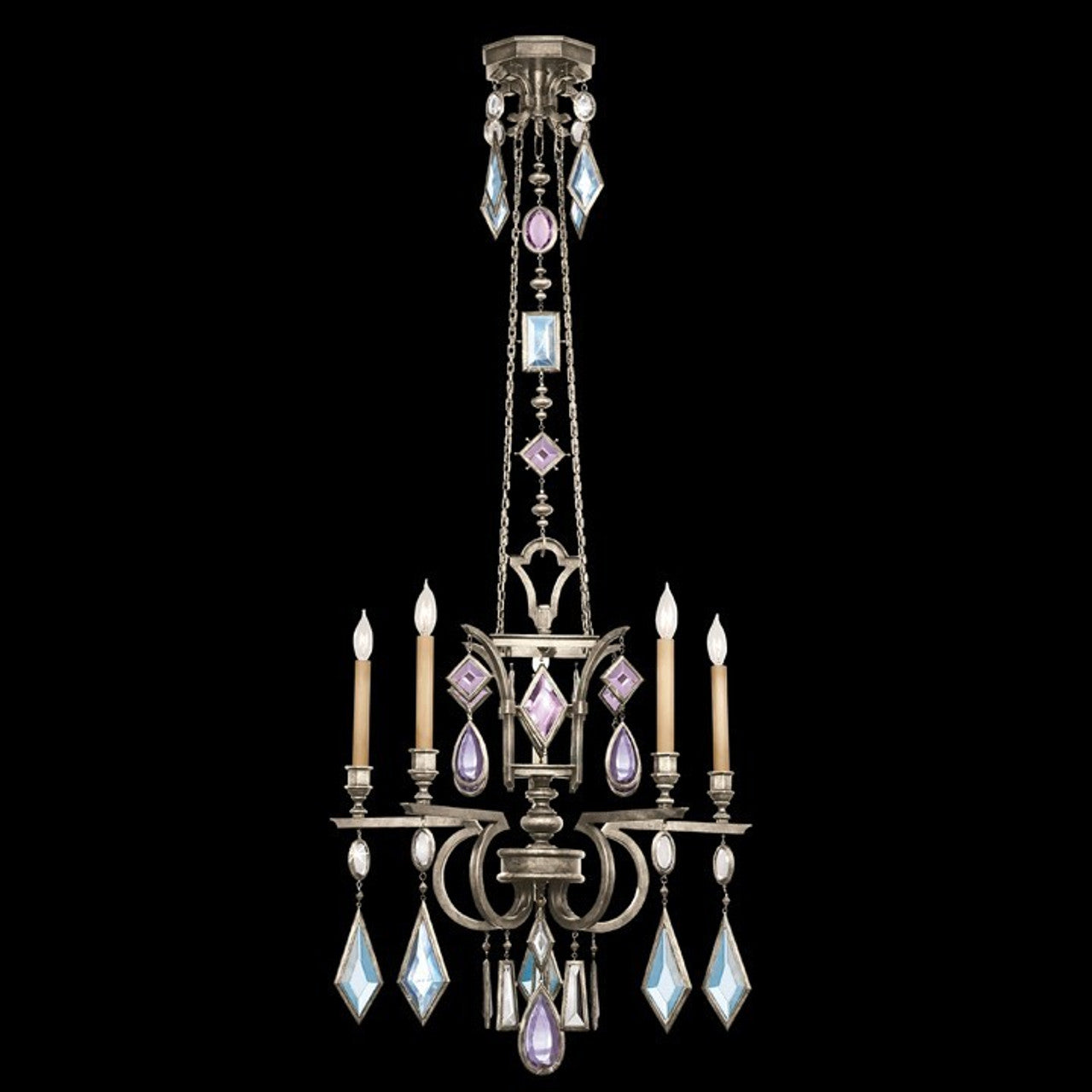 Encased Gems Chandelier, Round, 5-Light, Silver Leaf, Multi-Colored Crystal Gems, 27"W (719440-1ST 97GE)