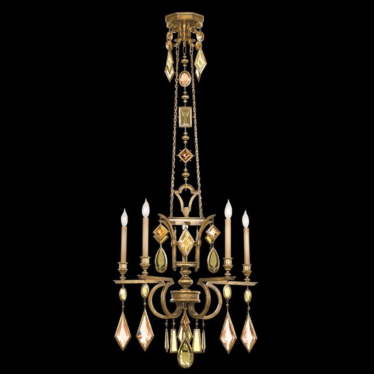 Encased Gems Chandelier, Round, 5-Light, Gold Leaf, Multi-Colored Crystal Gems, 27"W (719540-1ST 97GH)