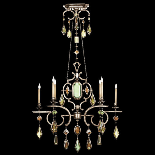 Encased Gems Chandelier, Oblong, 6-Light, Silver Leaf, Multi-Colored Crystal Gems, 50"W (725940-1ST 98E1)