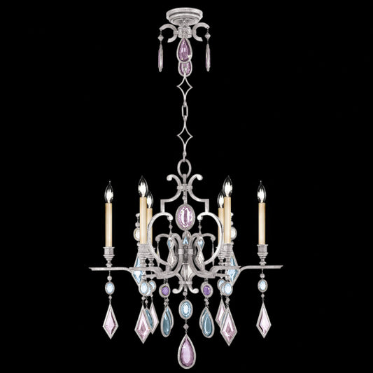 Encased Gems Chandelier, Round, 6-Light, Silver Leaf, Multi-Colored Crystal Gems, 29"W (729440-1ST 98G3)