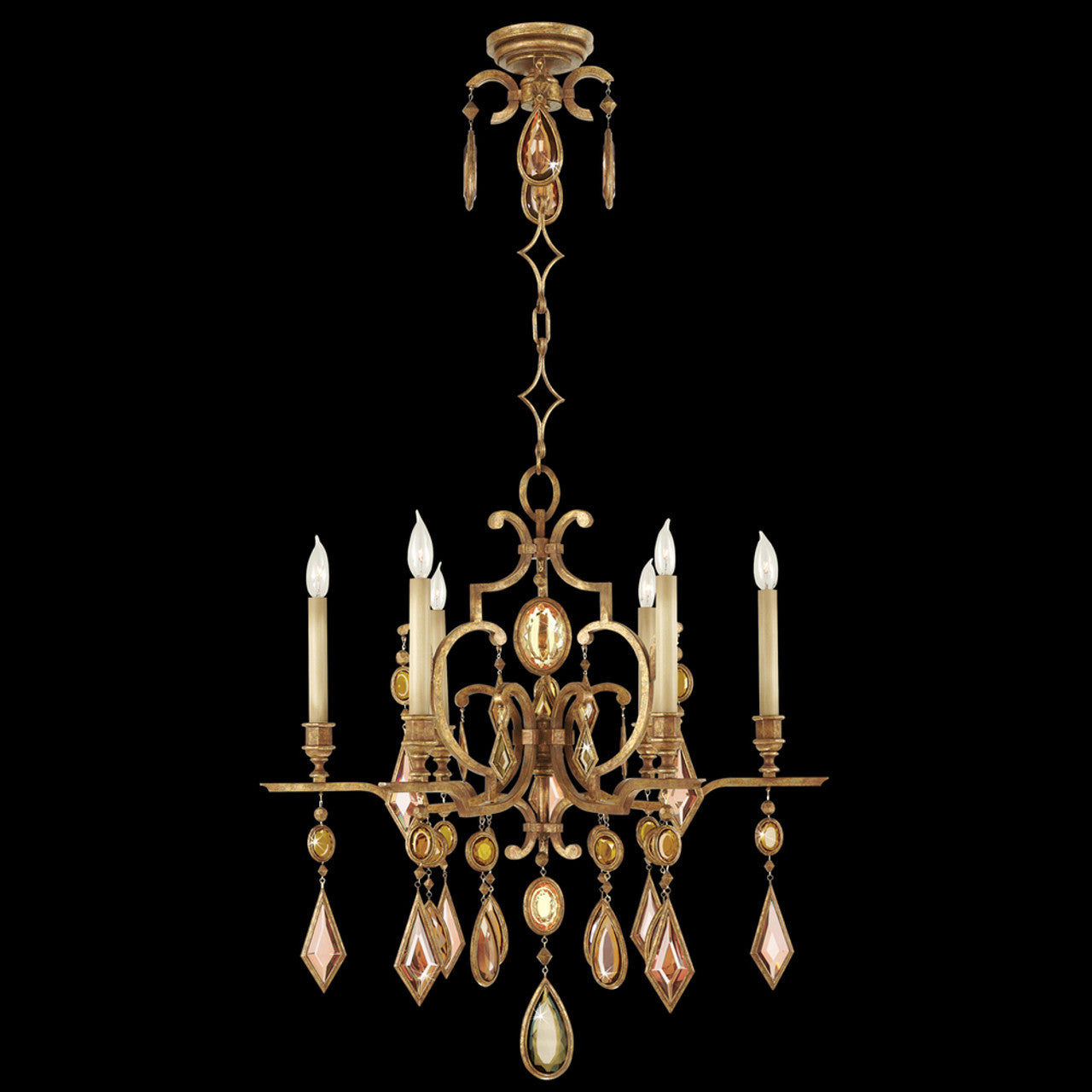 Encased Gems Chandelier, Round, 6-Light, Gold Leaf, Multi-Colored Crystal Gems, 29"W (729640-1ST 98G6)