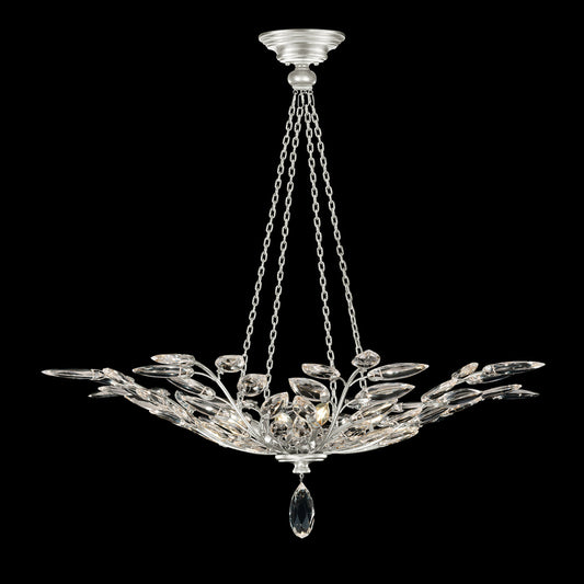 Crystal Laurel Pendant, Round, 4-Light, Silver Leaf, Faceted Crystal Leaves, 35"W (753640-SF4 NJ23)