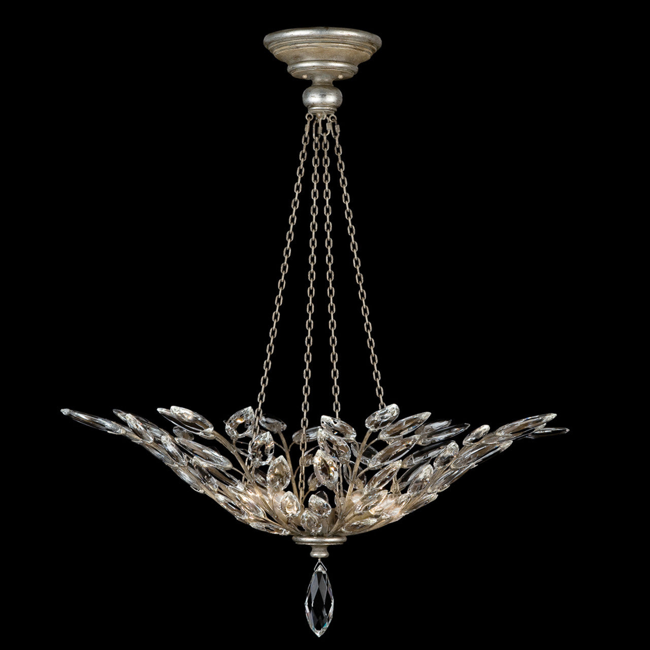 Crystal Laurel Pendant, Round, 4-Light, Silver Leaf, Faceted Crystal Leaves, 35"W (753640ST 9ACR)