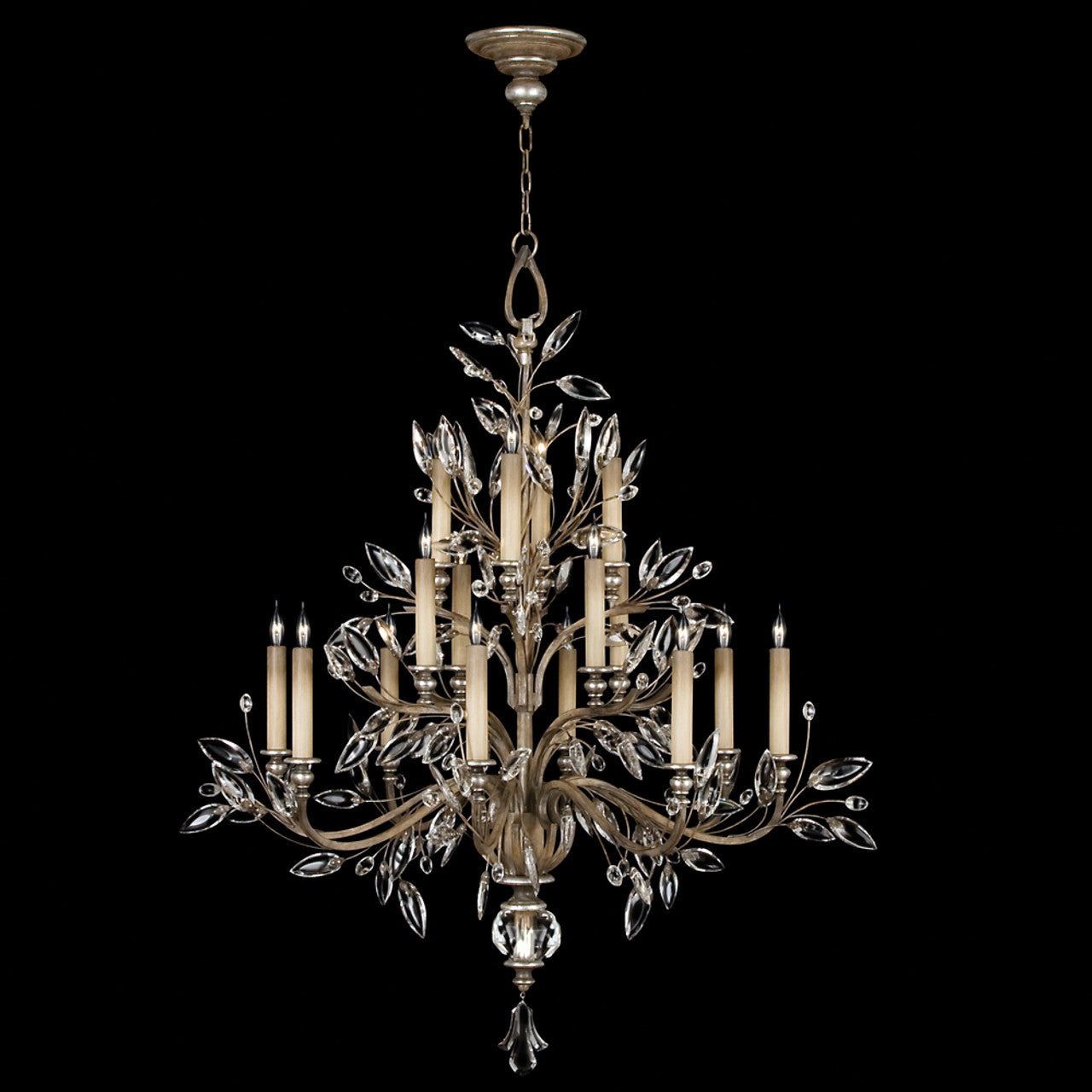 Crystal Laurel Chandelier, Round, 16-Light, Silver Leaf, Faceted Crystal Leaves, 45"W (759440ST 9ED1)