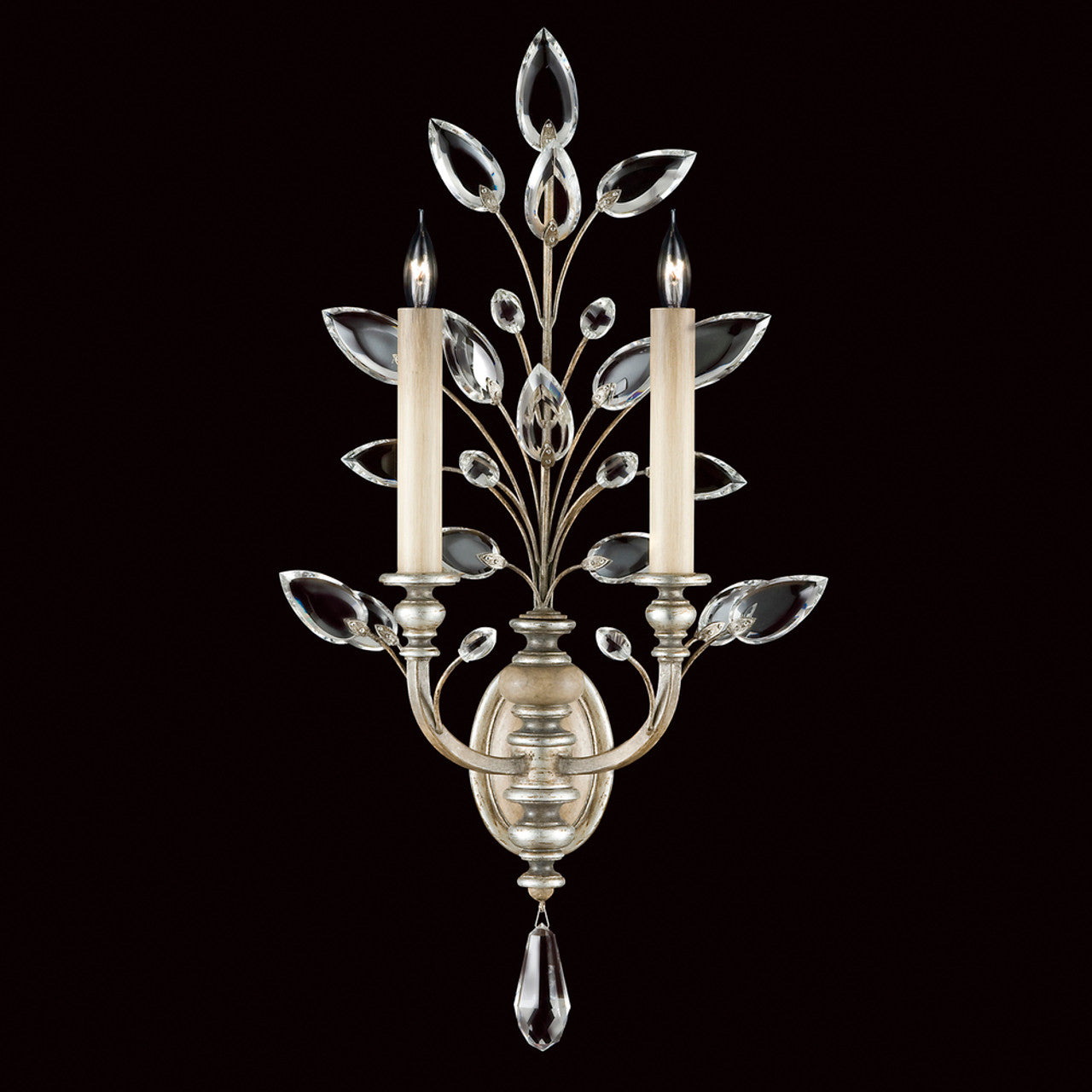 Crystal Laurel Wall Sconce, 2-Light, Silver Leaf, Faceted Crystal Leaves, 28"H (759750ST 9ED4)