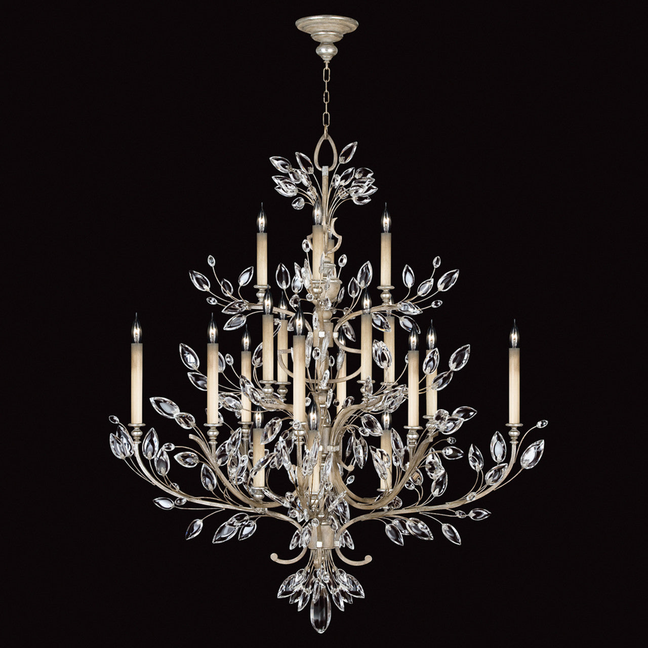 Crystal Laurel Chandelier, Round, 20-Light, Silver Leaf, Faceted Crystal Leaves, 57"W (771140ST 9F8V)