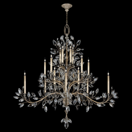 Crystal Laurel Chandelier, Round, 20-Light, Silver Leaf, Faceted Crystal Leaves, 75"W (771240ST 9F8W)