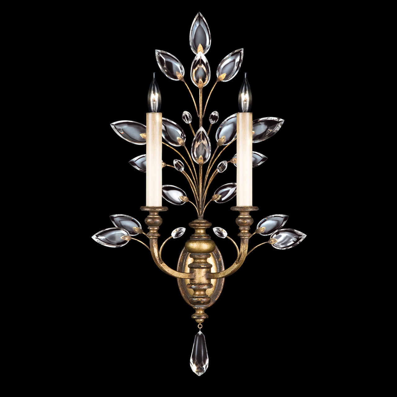 Crystal Laurel Wall Sconce, 2-Light, Gold Leaf, Faceted Crystal Leaves, 28"H (773150ST 9F9F)