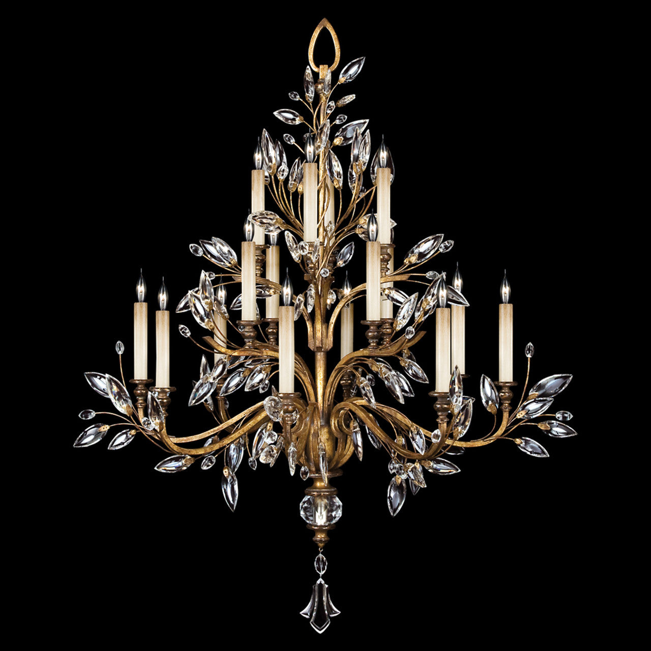 Crystal Laurel Chandelier, Round, 16-Light, Gold Leaf, Faceted Crystal Leaves, 45"W (773740ST 9F9P)