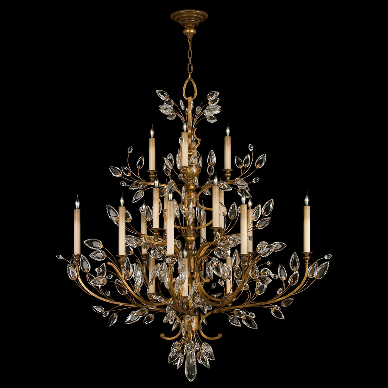 Crystal Laurel Chandelier, Round, 20-Light, Gold Leaf, Faceted Crystal Leaves, 57"W (774440ST 9F9W)