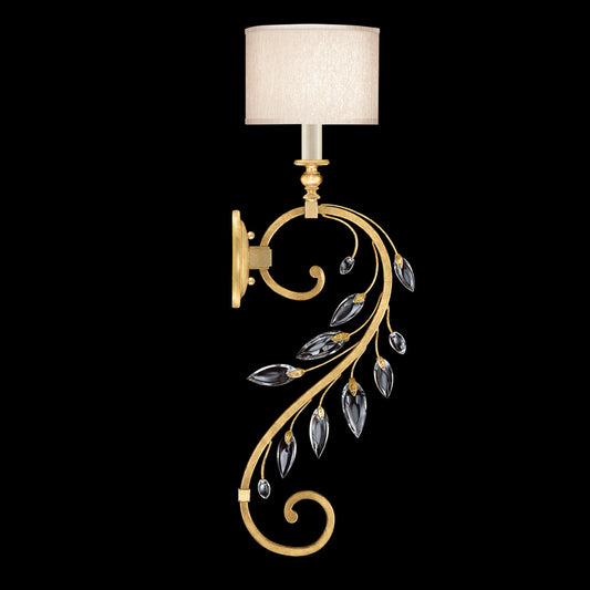 Crystal Laurel Wall Sconce, 1-Light, Gold Leaf, Faceted Crystal Leaves, Champagne Fabric Shade, 32"H (774650-SF33 NJZ4)