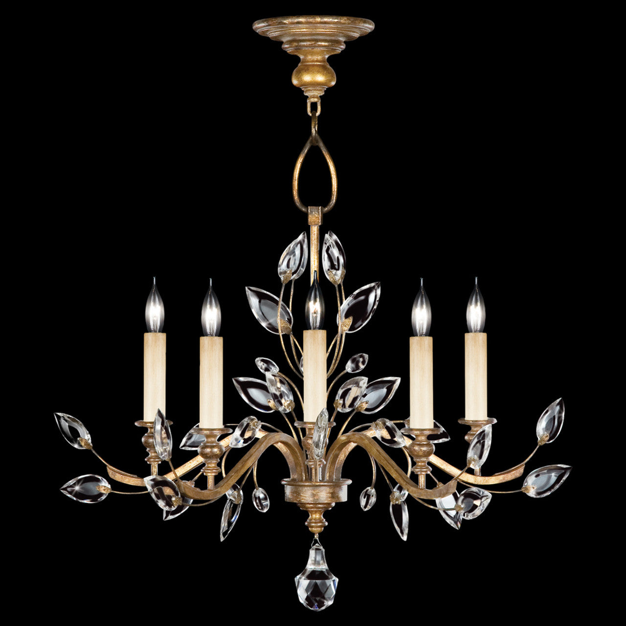 Crystal Laurel Chandelier, Round, 5-Light, Gold Leaf, Faceted Crystal Leaves, 32"W (775840ST 9AER)