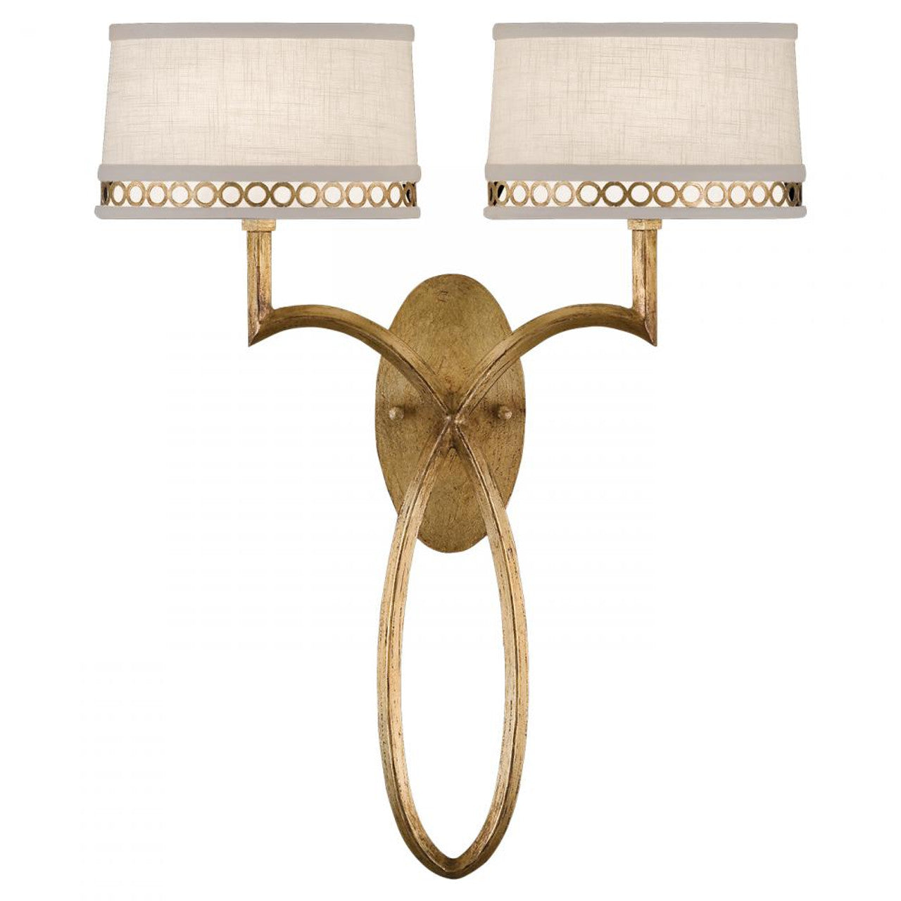 Allegretto Wall Sconce, 2-Light, Burnihed Gold Leaf, White Textured Linen Shade, 21"H (784750-2ST 9FC8)