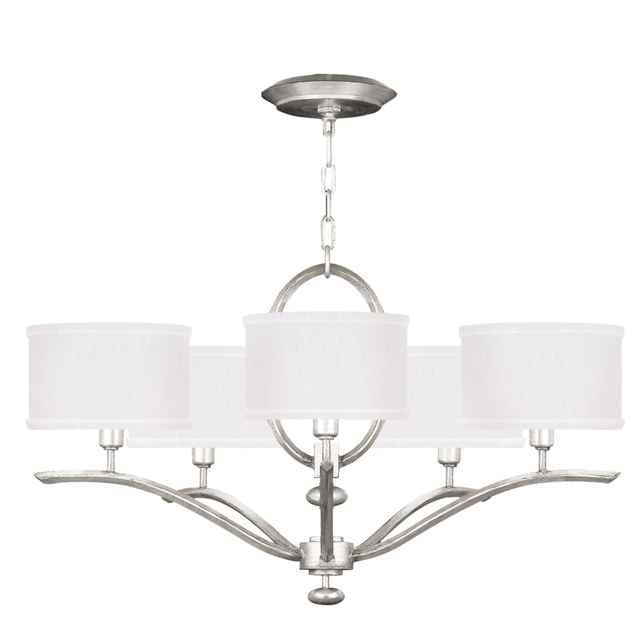 Allegretto Chandelier, Round, 5-Light, Silver Leaf, White Fabric Shade, 29"W (785440-SF41 NK04)