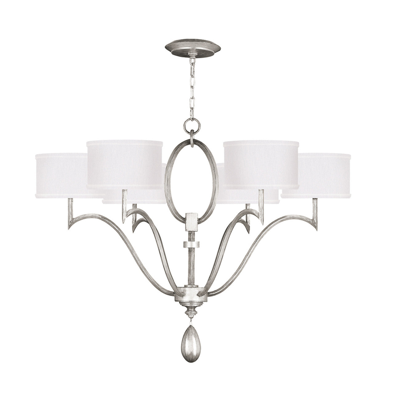 Allegretto Chandelier, Round, 6-Light, Silver Leaf, White Fabric Shade, 39"W (785840-SF41 NK0H)