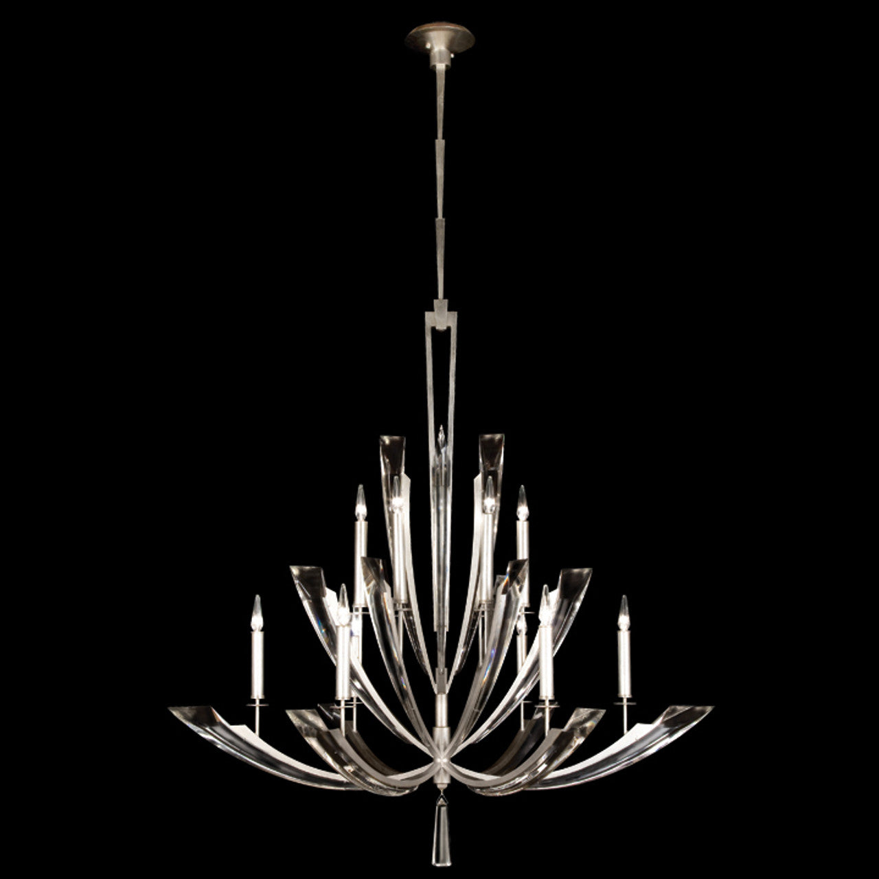 Vol de Cristal Chandelier, Round, 12-Light, Platinized Silver Leaf, Tapered Beveled Crystals, 54"W (789840ST DC3Y)