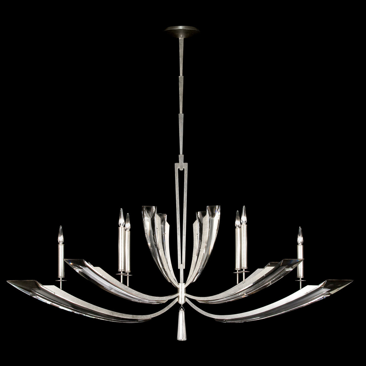 Vol de Cristal Chandelier, Oblong, 6-Light, Platinized Silver Leaf, Tapered Beveled Crystals, 46"W (798140ST DD0J)