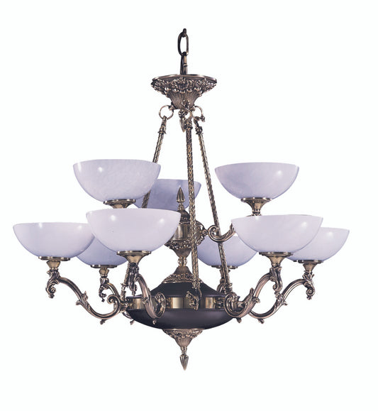 Napoleonic Chandelier, 9-Light, French Brass, White Glass Bowl Shade, 32.5"W (8409 FB R9MG)