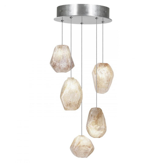 Natural Inspirations Pendant, Round, 5-Light, LED, Natural Quartz Glass, Platinized Silver Leaf Canopy, 12"W (852440-14LD KKAJ)