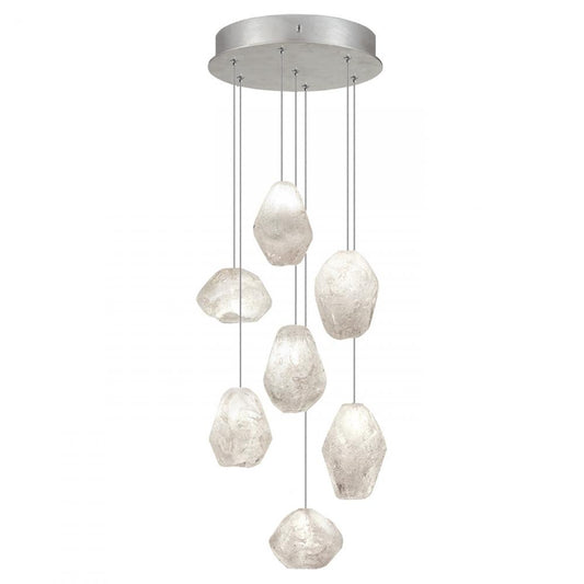 Natural Inspirations Pendant, Round, 7-Light, LED, Clear Quartz Glass, Platinized Silver Leaf Canopy, 14"W (852640-13LD KKA4)