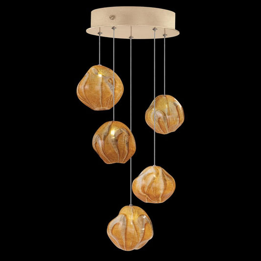 Vesta Pendant, Round, 5-Light, LED, Amber Glass, Gold Leaf Canopy, 12"W (866340-22LD NLZC)