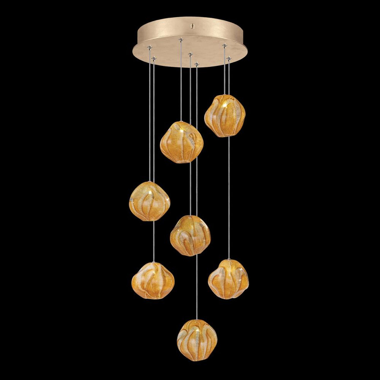 Vesta Pendant, Round, 7-Light, LED, Amber Glass, Gold Leaf Canopy, 14"W (866440-22LD NLZE)