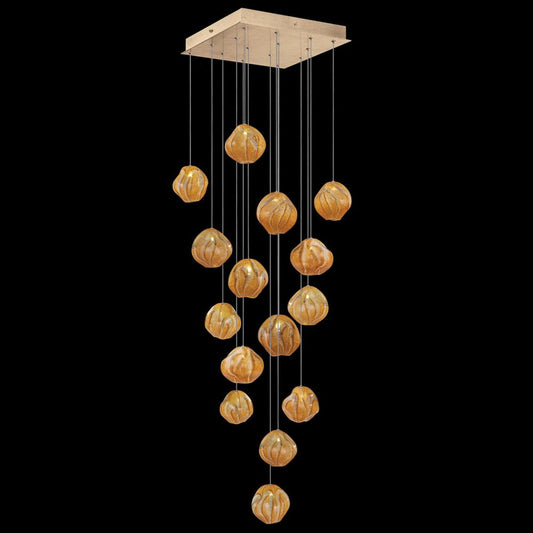 Vesta Pendant, Square, 15-Light, LED, Amber Glass, Gold Leaf Canopy, 19"W (866840-22LD NLZG)