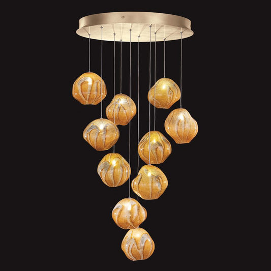 Vesta Pendant, Round, 10-Light, LED, Amber Glass, Gold Leaf Canopy, 22"W (869040-22LD NLZX)