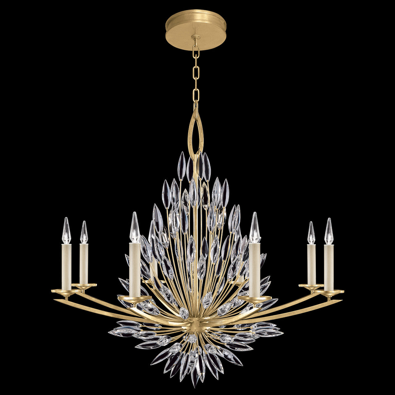 Lily Buds Chandelier, Round, 8-Light, Gold Leaf, Faceted Crystal Lily Buds, 41"W (881240-1ST KFC4)