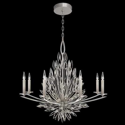 Lily Buds Chandelier, Round, 8-Light, Silver Leaf, Faceted Crystal Lily Buds, 41"W (881240ST GKLE)