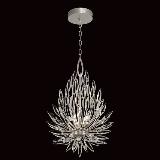 Lily Buds Pendant, Round, 3-Light, Silver Leaf, Faceted Crystal Lily Buds, 19"W (881640ST GKLH)