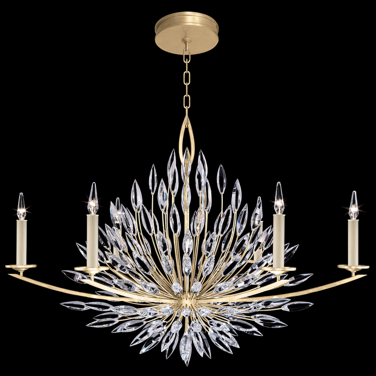 Lily Buds Chandelier, Oblong, 6-Light, Gold Leaf, Faceted Crystal Lily Buds, 48"W (883240-1ST KEFV)