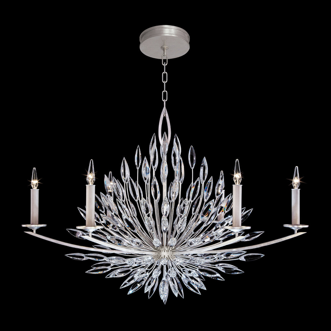 Lily Buds Chandelier, Oblong, 6-Light, Silver Leaf, Faceted Crystal Lily Buds, 48"W (883240ST GJM5)