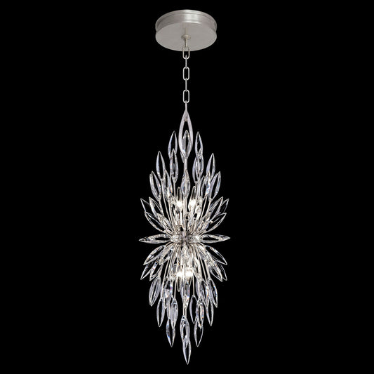 Lily Buds Pendant, Round, 4-Light, Silver Leaf, Faceted Crystal Lily Buds, 13"W (883740ST KCED)