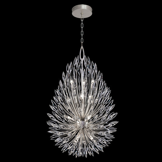 Lily Buds Pendant, Round, 12-Light, Silver Leaf, Faceted Crystal Lily Buds, 33.5"W (883940ST KCEF)