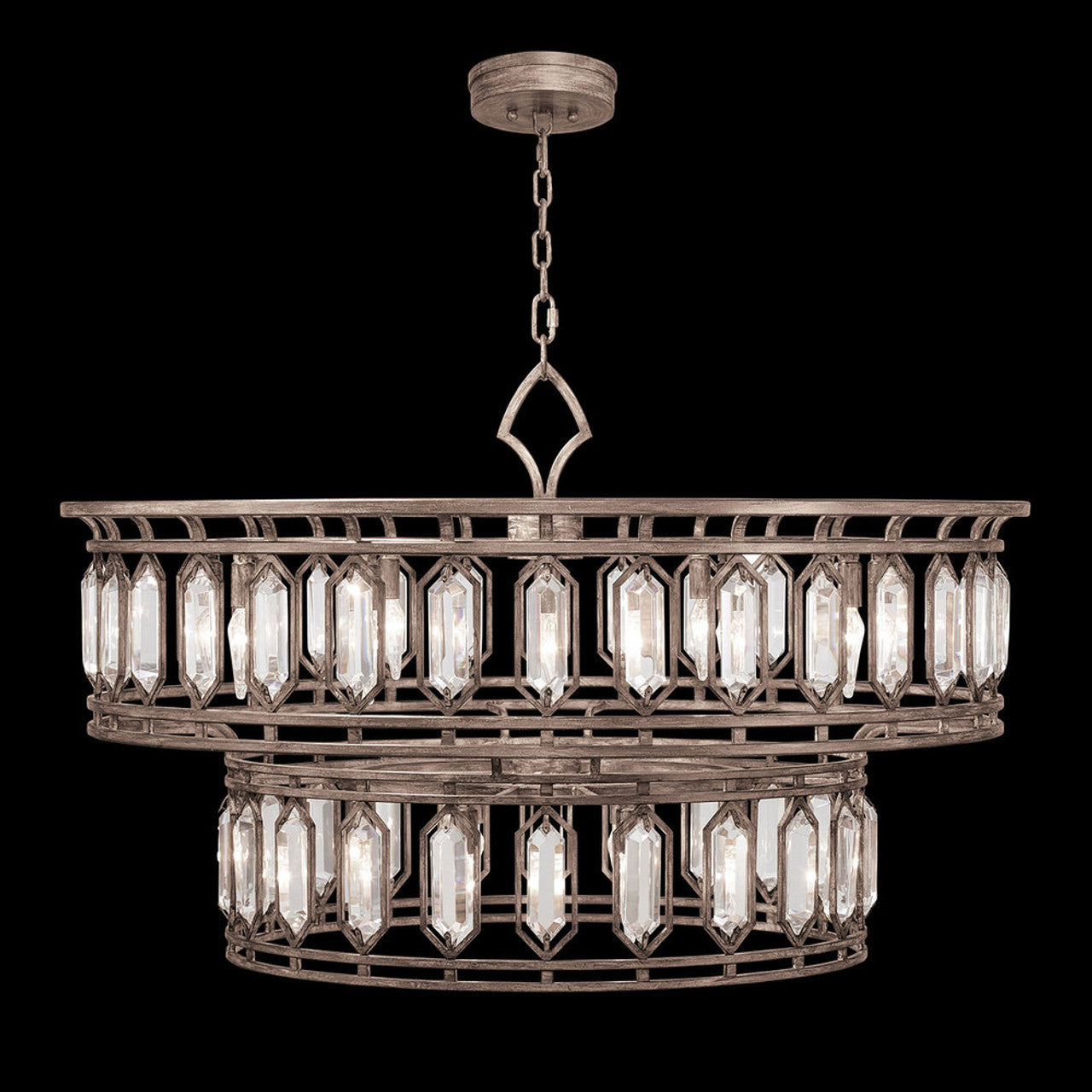 Westminster Pendant, Round, 20-Light, Weathered English Brown Iron Patina with Silver, Double-Faced Beveled Crystals, 42"W (890140-1ST KED0)